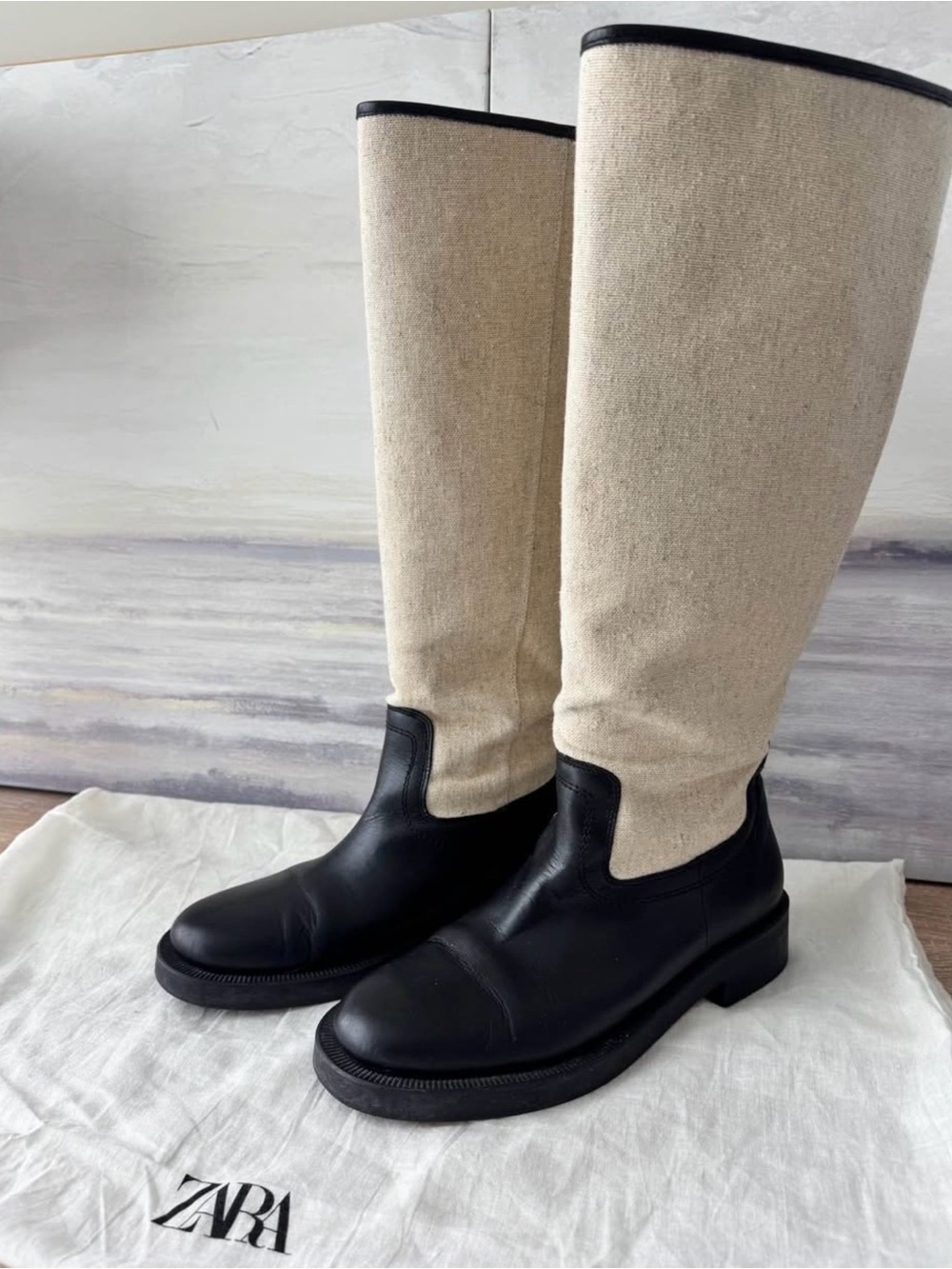 Zara Tall Boots Black Leather Natural Linen Shaft Made in Spain 7